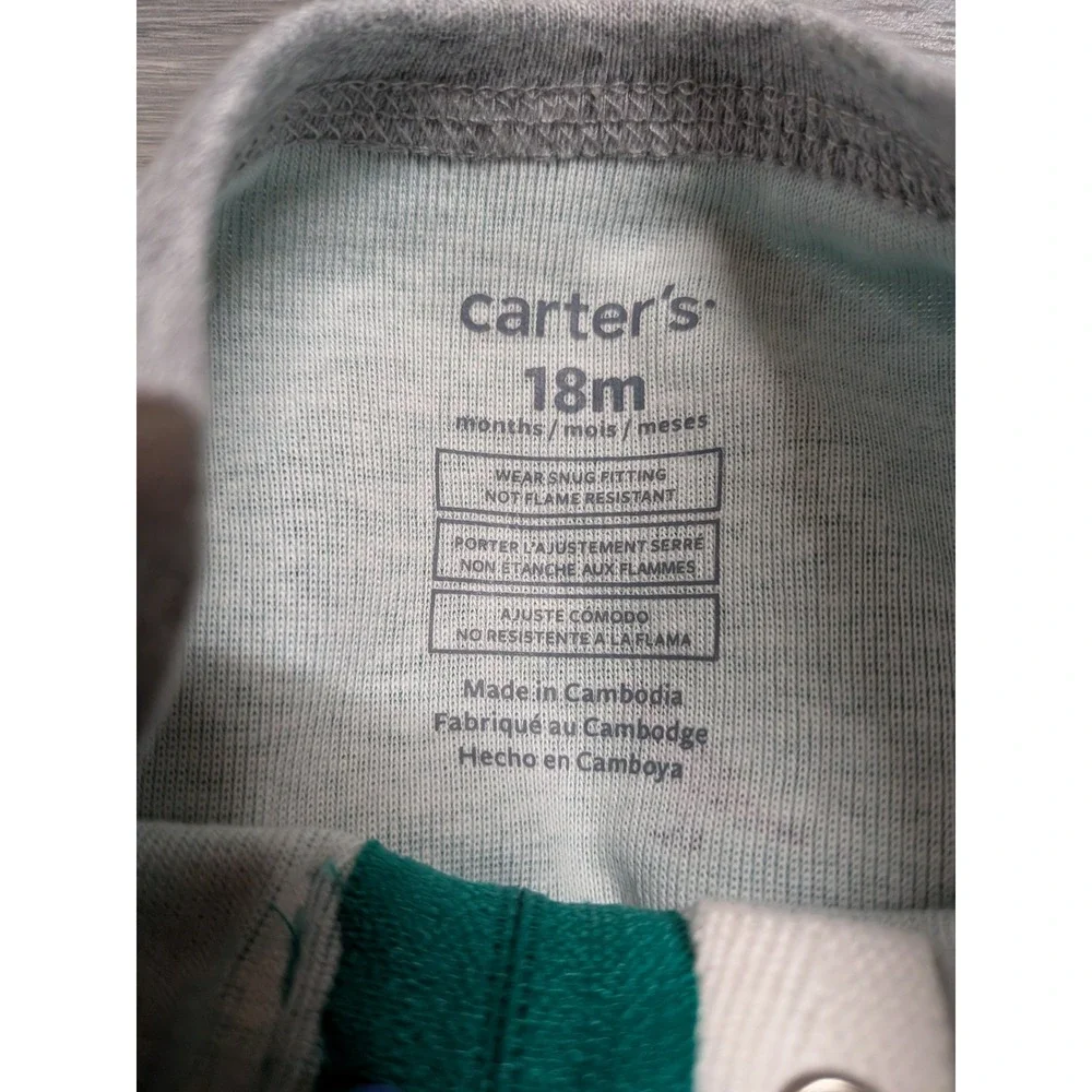 Carters Kids 18M Teal‎ Green Dinosaur T-Rex Snug Fit Cotton Footed Pajamas NWT